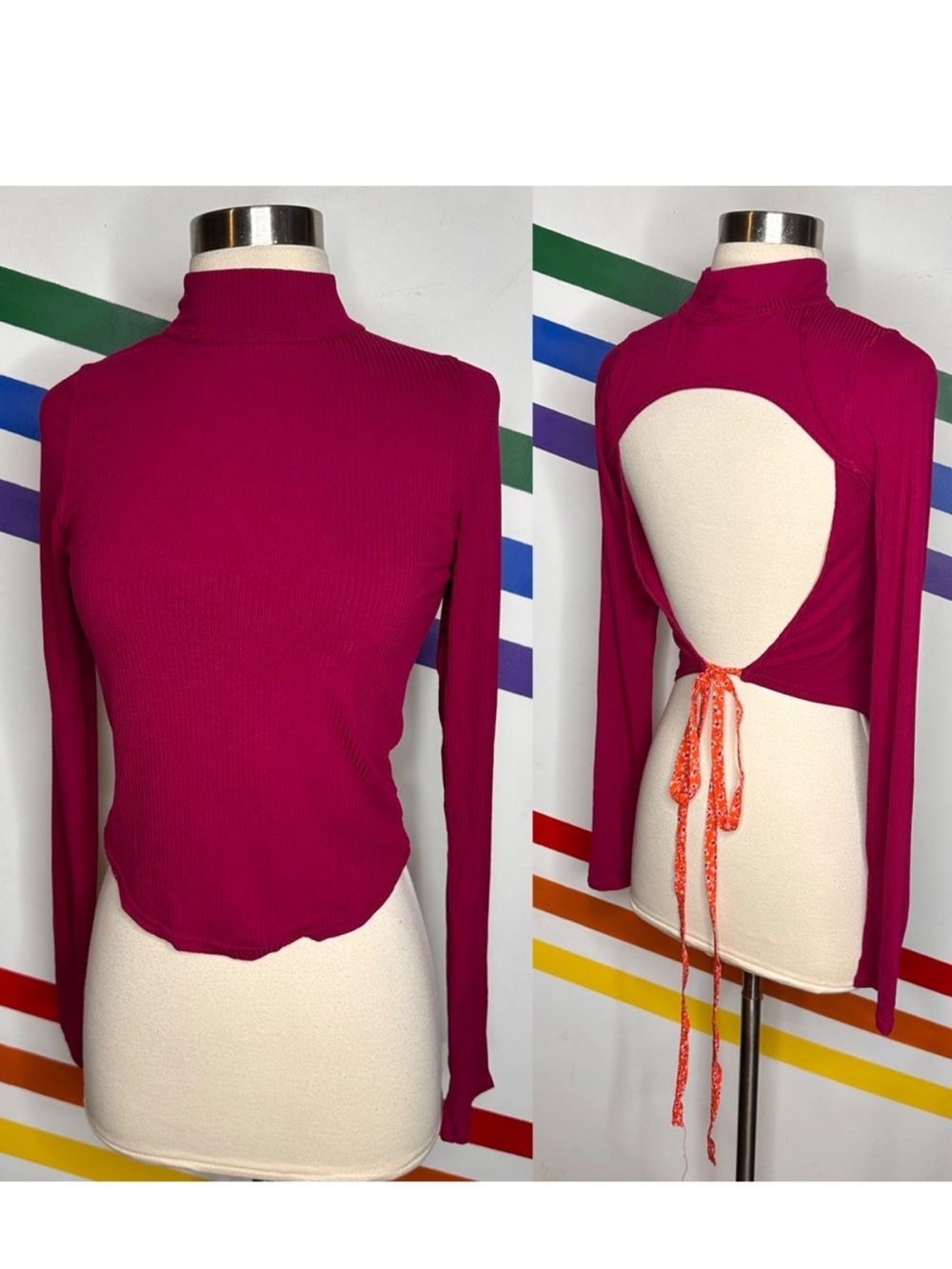 Free People Edge of Town Ribbed Open Back Tie Crop Top Night Out Fuchsia Sz M/L